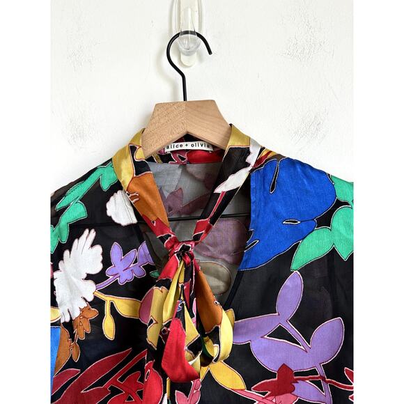 Alice + Olivia Mora Sheer Tie Neck Silk Blouse XS Black Multi-Color - Picture 2 of 7